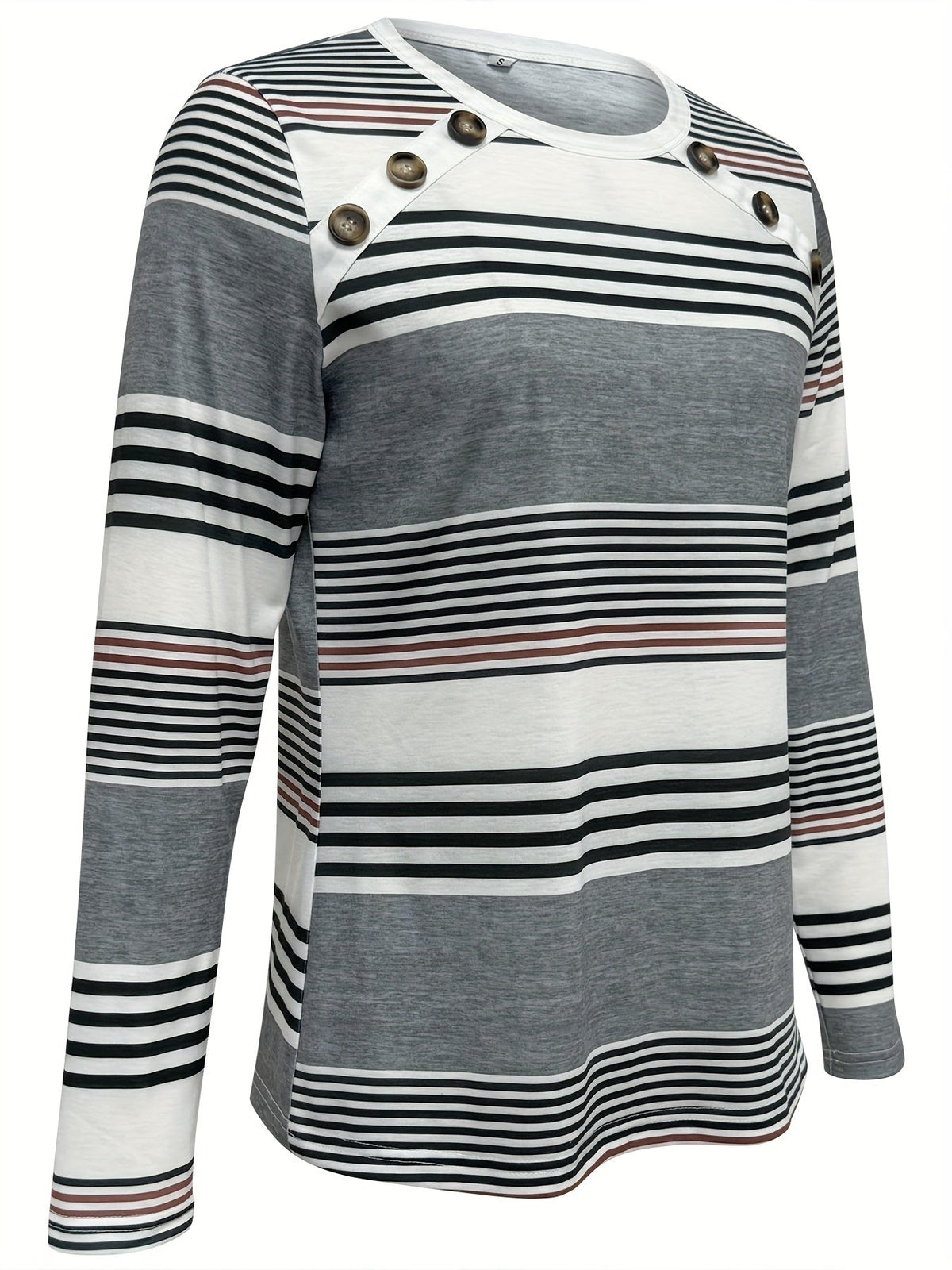 Striped Botton Crew Neck T-Shirt, Elegant Long Sleeve T-Shirt