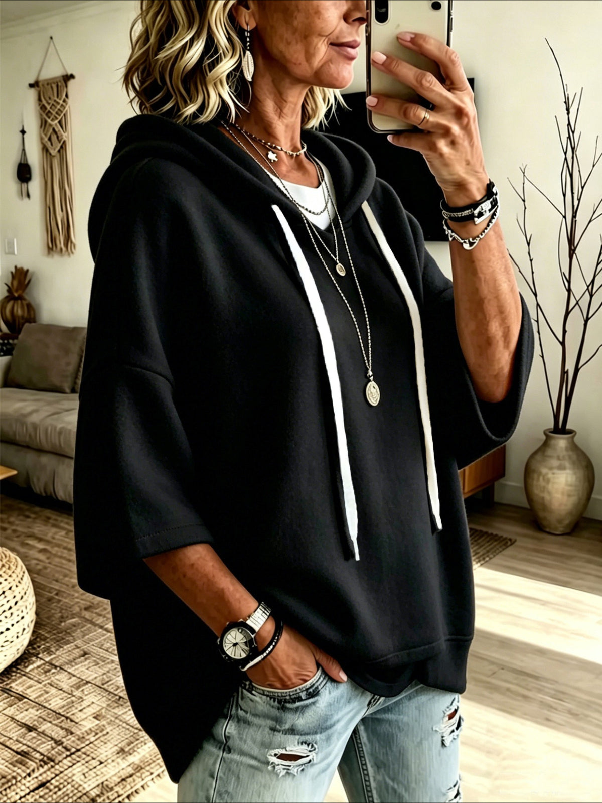 Loose 3/4 Sleeve Hooded Drawstring Bat-sleeved Sweatshirt