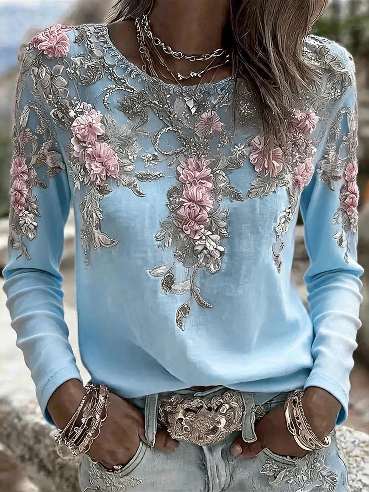 Floral Printing Jersey Crew Neck Long Sleeve T-shirt