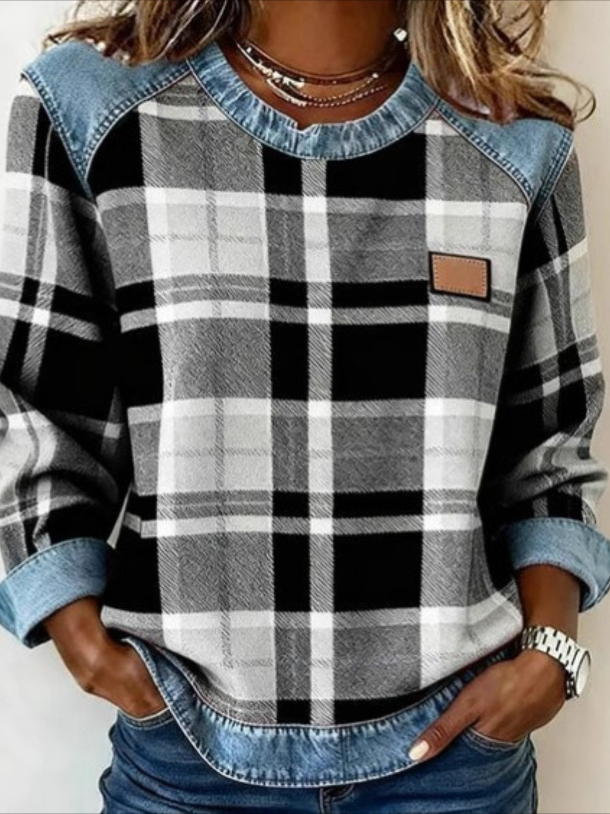 Plaid Vintage Stylish Long Sleeve Crew Neck Regular Tops