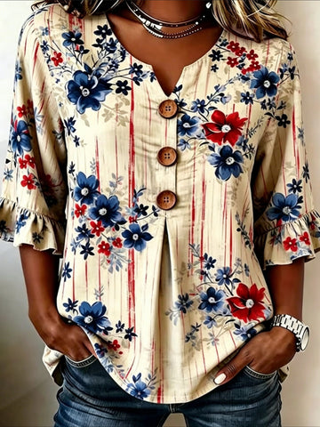 Flower Print V Neck Button Short Ruffle Sleeve Casual Top