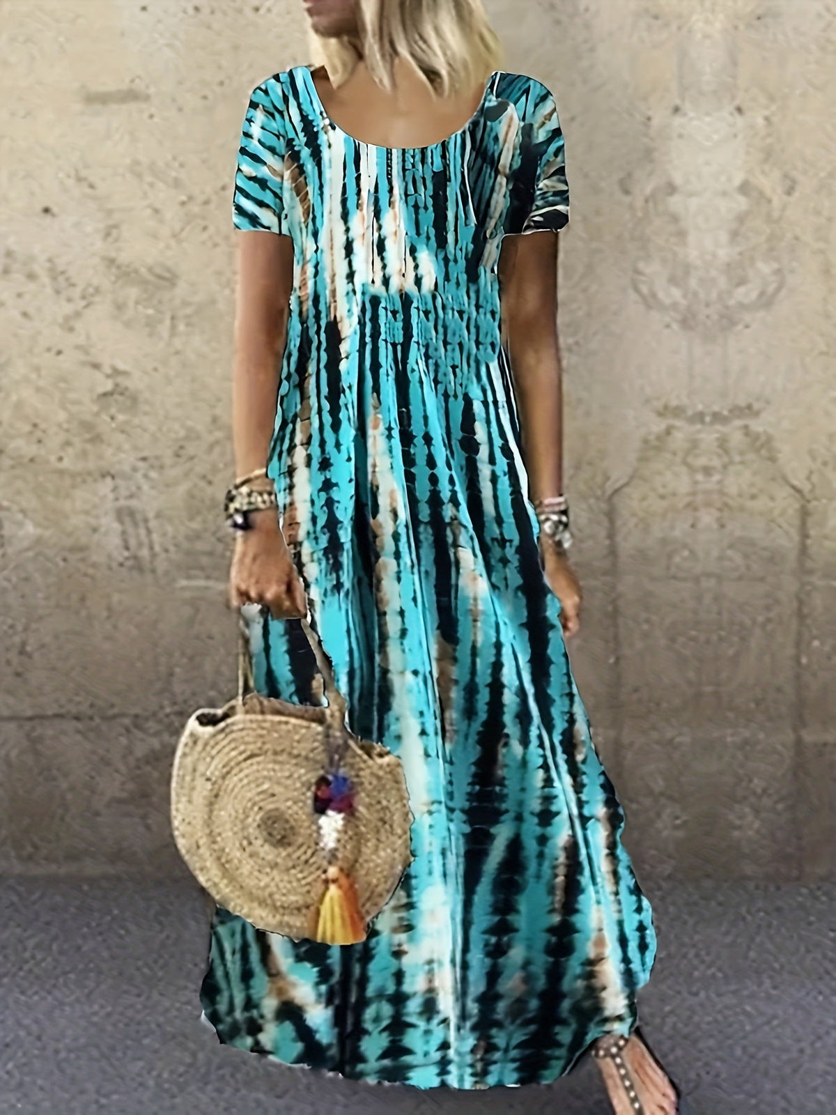 Tie Dye Striped Dress, Casual Crew Neck Short Sleeve Ankle Dress