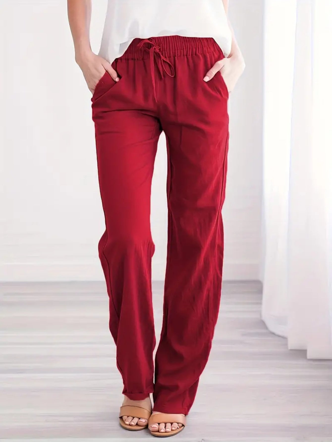 Women's Loose Fit Wide-Leg Trousers - Casual Solid Color Drawstring Design Fashion Pants