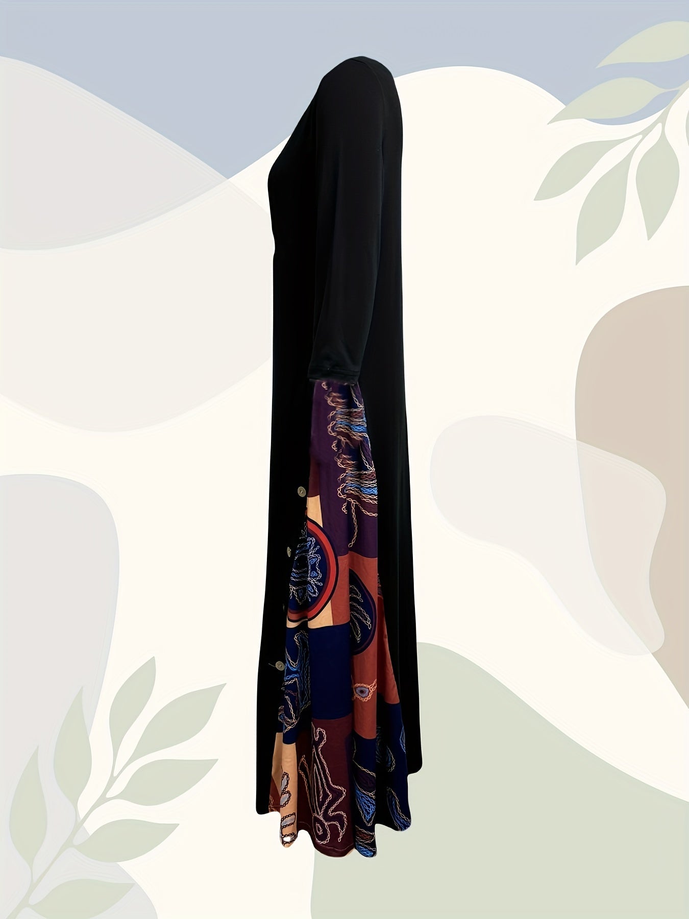 Tribal Print Crew Neck Panel Dress, Casual Long Sleeve Loose Maxi Dress