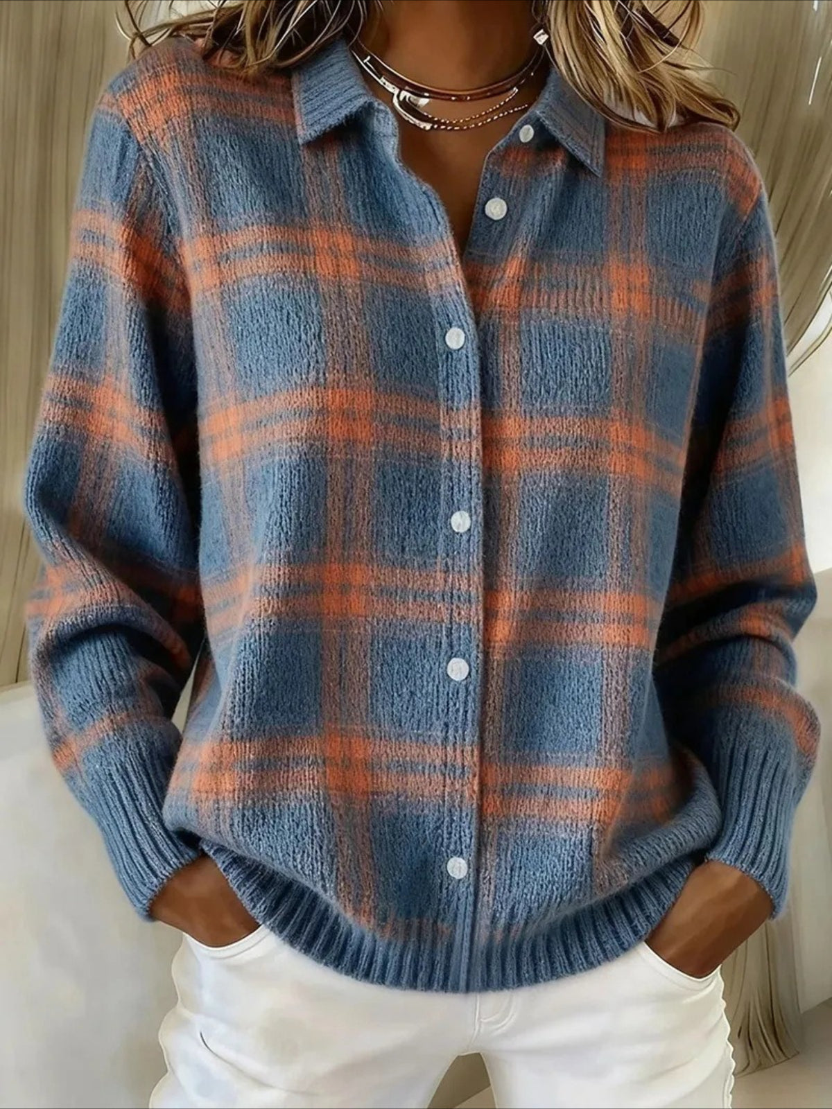 Plaid Collared Button-Up Knit Cardigan