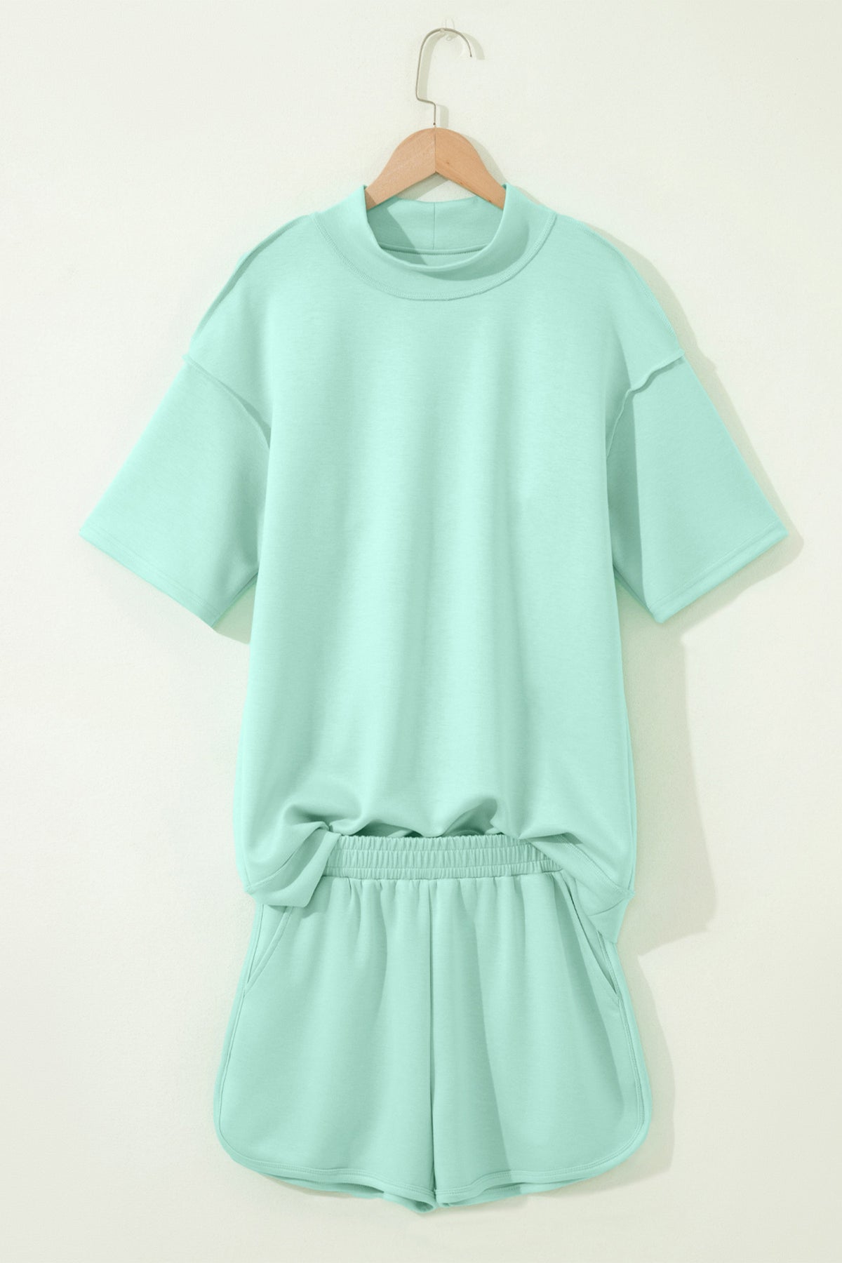 Moonlight Jade Solid Color Exposed Seam Mock Neck Oversize Tee Casual Shorts 2pcs Outfit