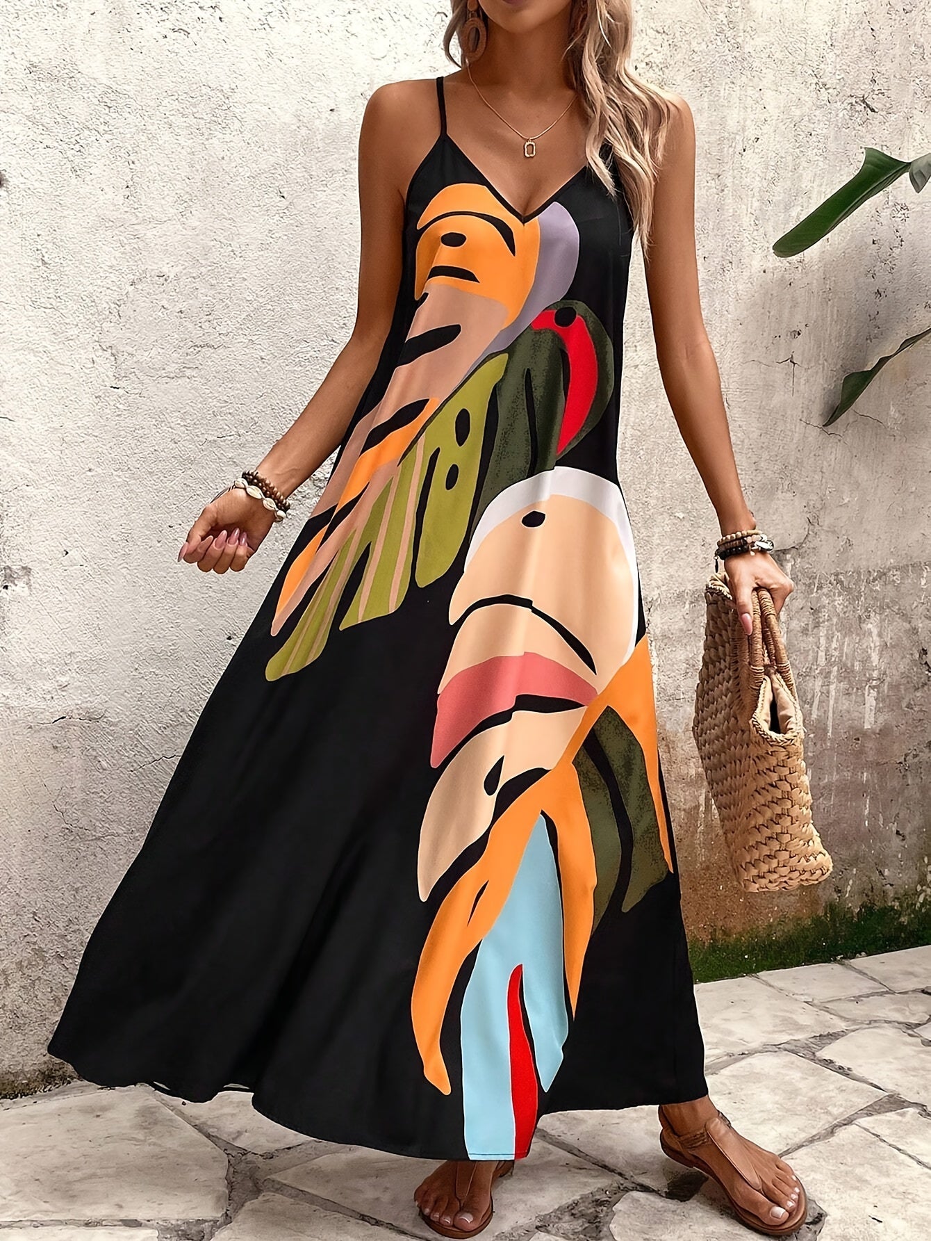 Elegant Geometric Print V-Neck Slingback Maxi Dress