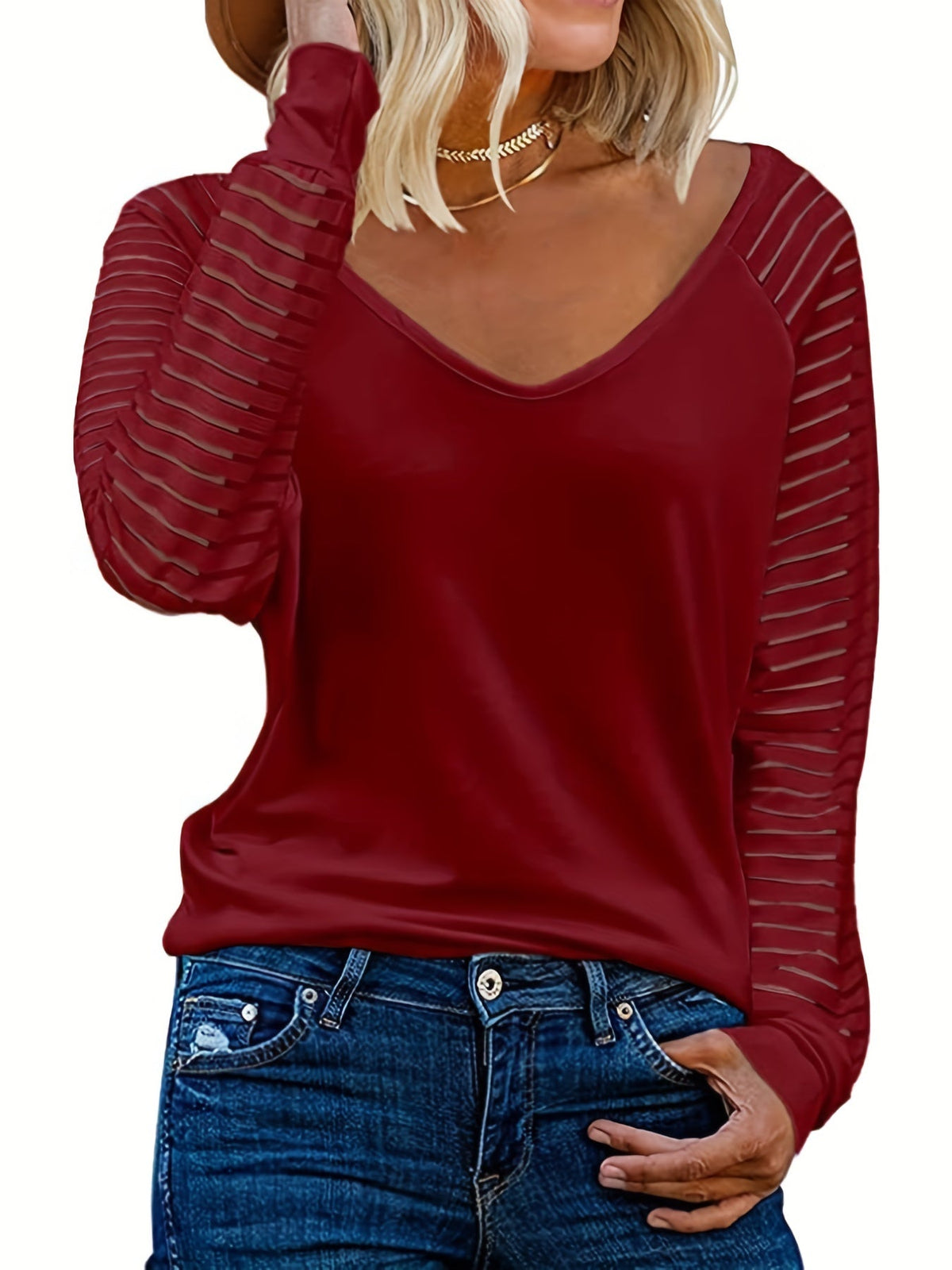 Striped Print Long Sleeve T-Shirt, Casual V Neck T-Shirt