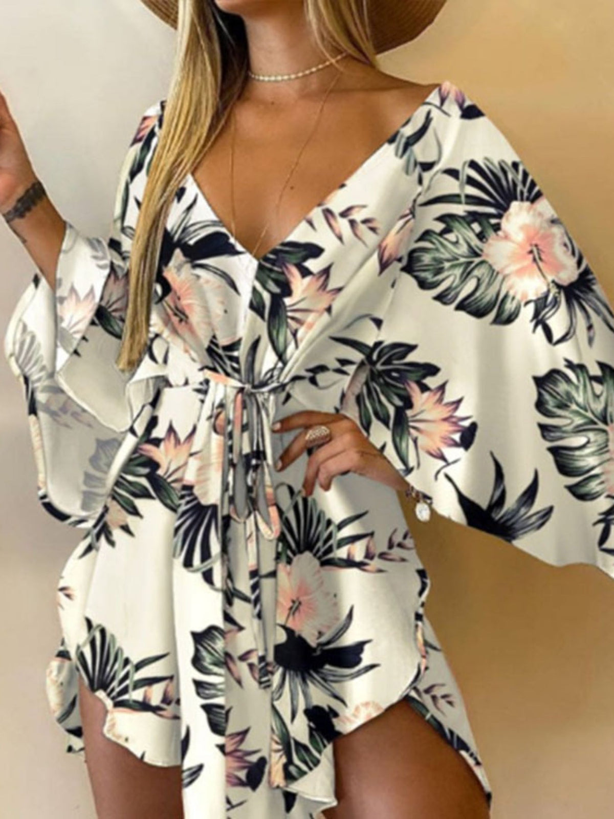 Full Printed V Neck Dress, Casual Tie Waist Batwing Sleeve Dress