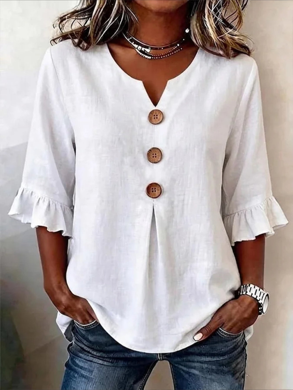 Solid Color Floral V Neck Button Short Ruffle Sleeve Casual Top