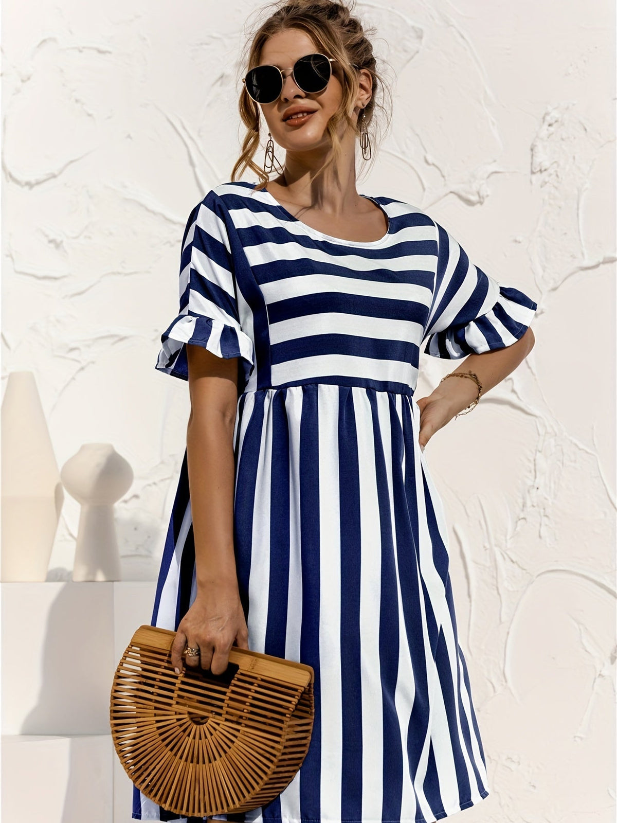 Short Sleeve Beach Dress, Crew Neck Vacation Casual Dress