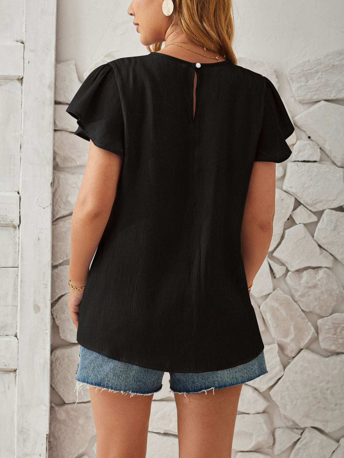 Solid Crew Neck Ruffle Trim Blouse, Casual Textured Simple Blouse