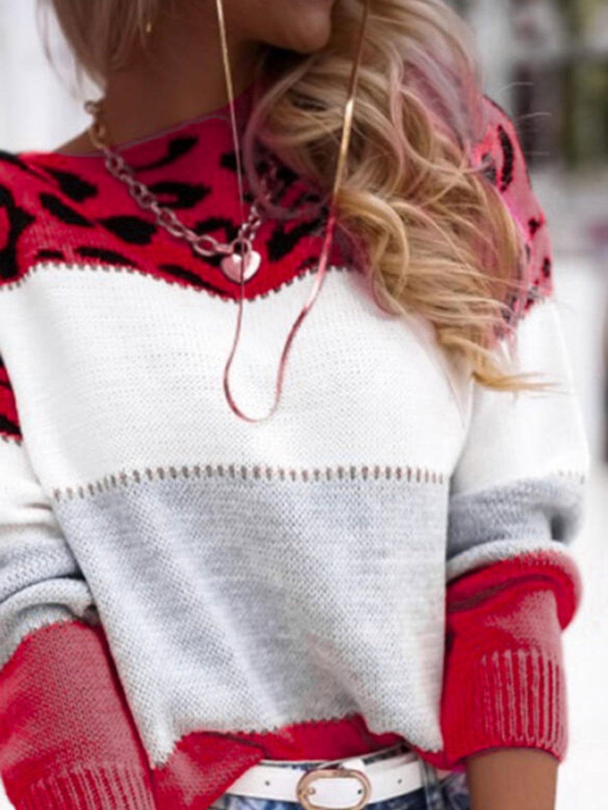 Chic Leopard Print Color Block Knit Sweater - Casual Crew Neck, Long Sleeve Pullover
