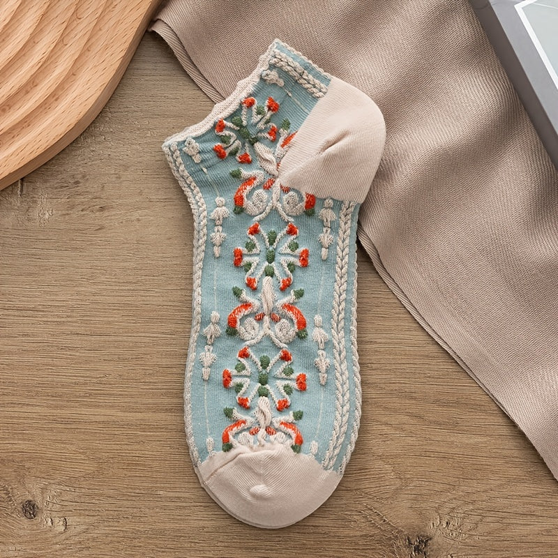 5 Pairs Vintage Court Style Short Socks, Cute Japanese Style Flower Geometric 3D Textured Low Cut Ankle Socks