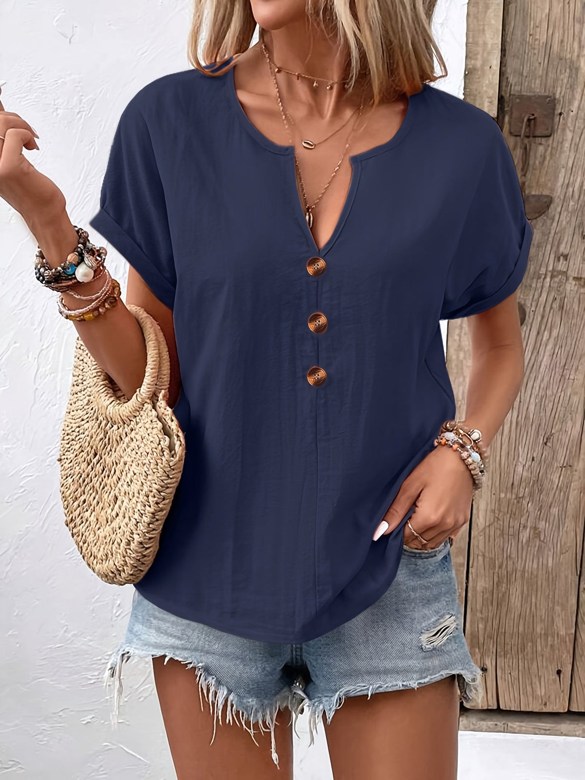 Elegant V-Neck Short Sleeve Button Detail Blouse