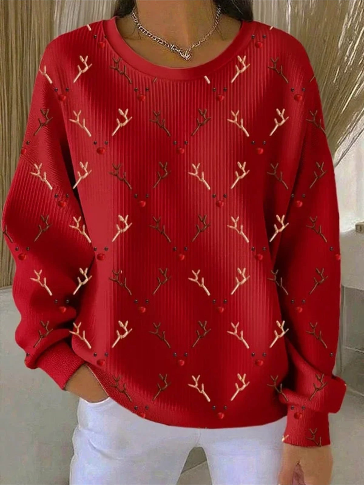 Christmas Printed Crew Neck Floral Long Sleeve Sweater Hoodie