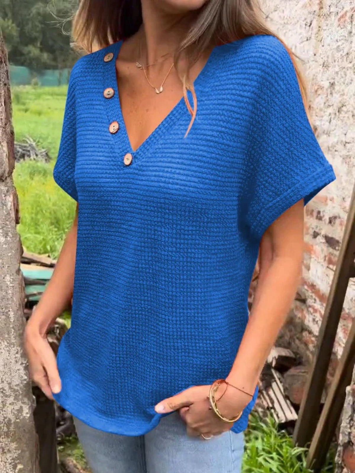 Elegant V-Neck Solid Waffle Tunic - Versatile Short Sleeve Women's Top