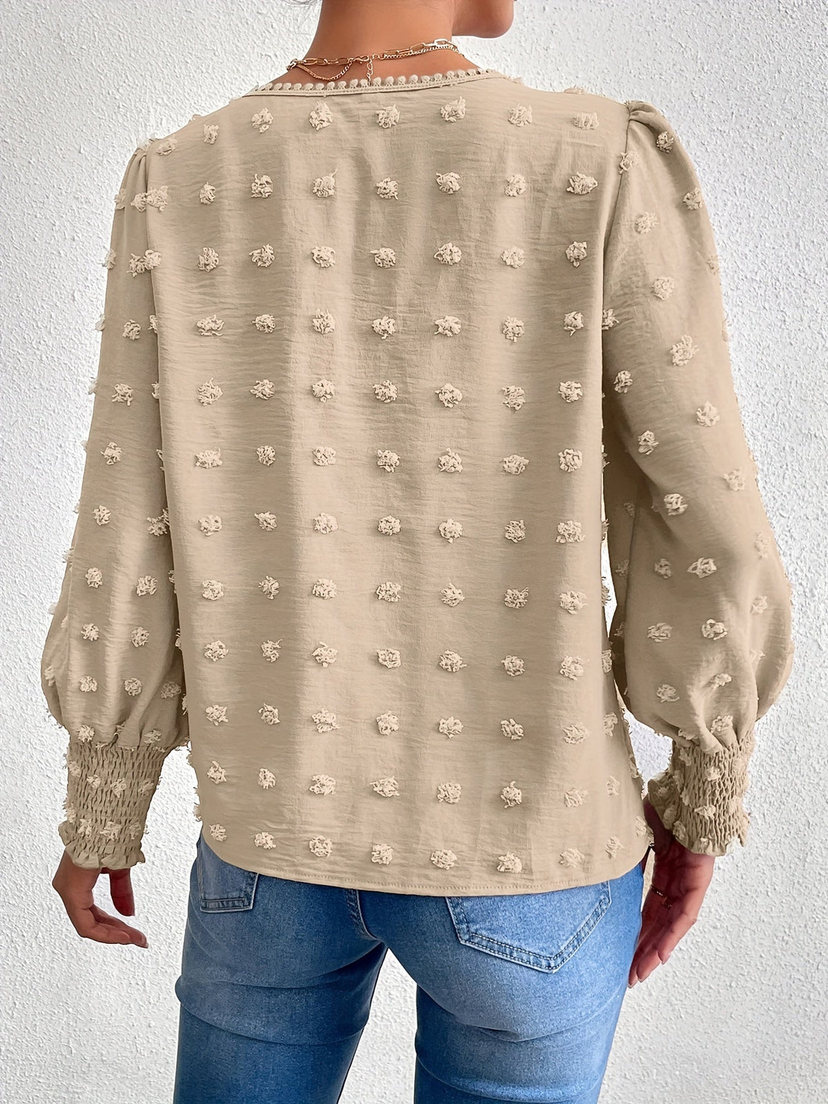 Swiss Dot Crew Neck Blouse, Elegant Long Sleeve Top