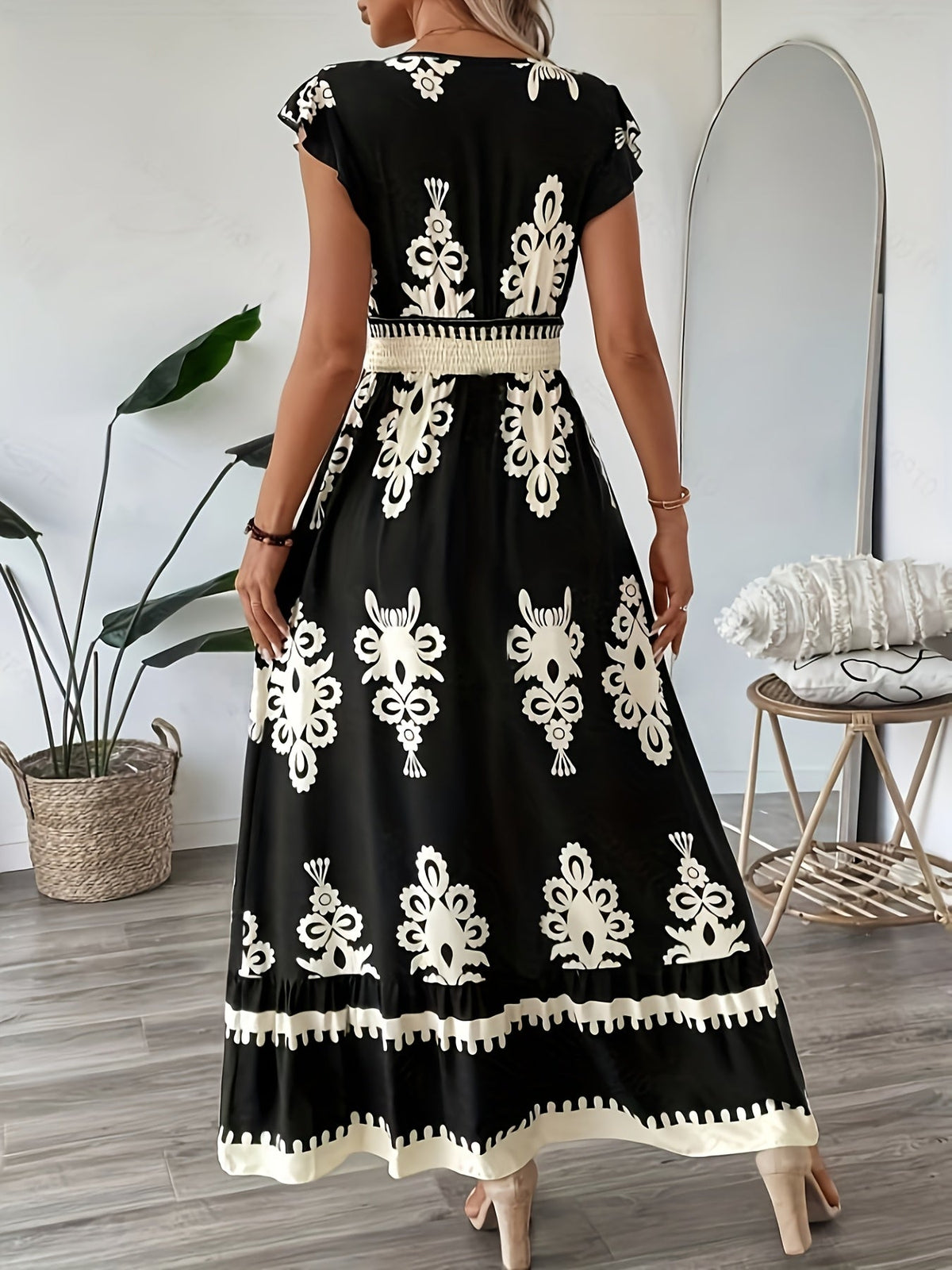 Women's Navy Blue Floral Print V-Neck A-Line Dress with Ruffled Cap Sleeves