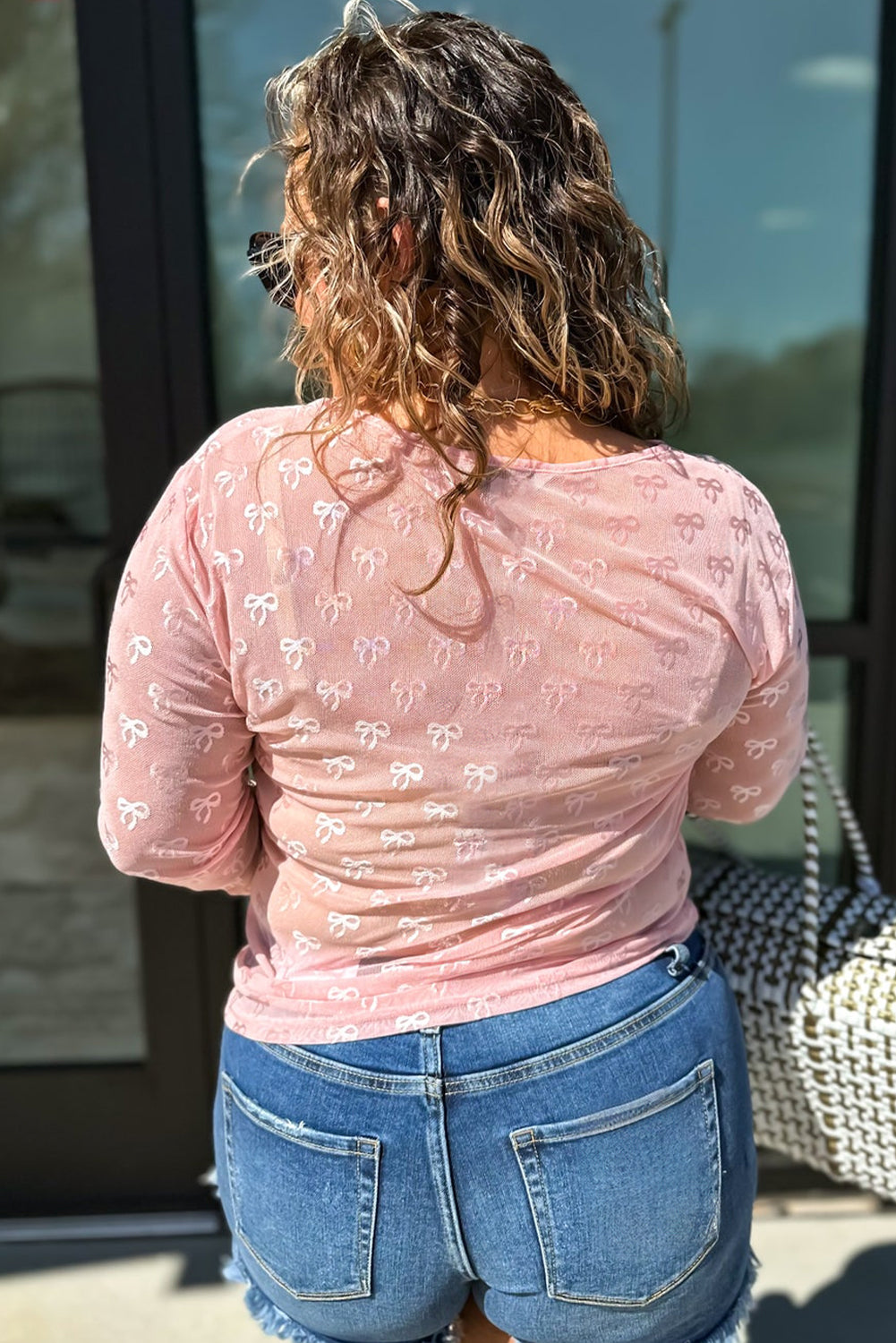 Pink Plus Size Bow Embroidered Mesh Long Sleeve Top