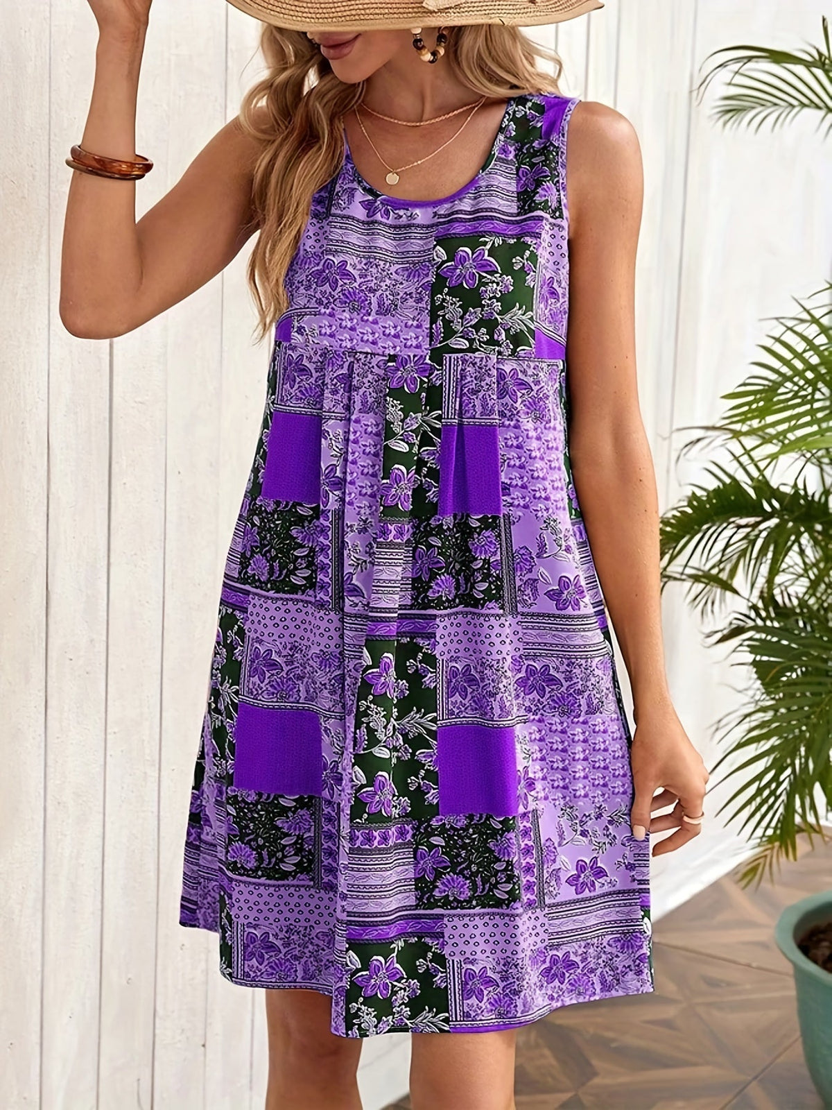 Floral Print Crew Neck Dress, Elegant Sleeveless Tank Dress