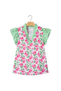 Multicolour Sweet Floral Print Striped Ruffle Trim V Neck Blouse