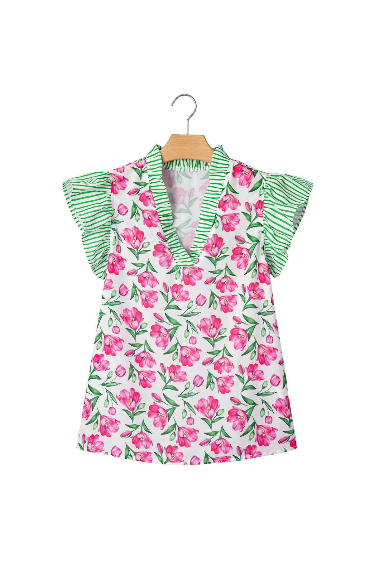 Multicolour Sweet Floral Print Striped Ruffle Trim V Neck Blouse