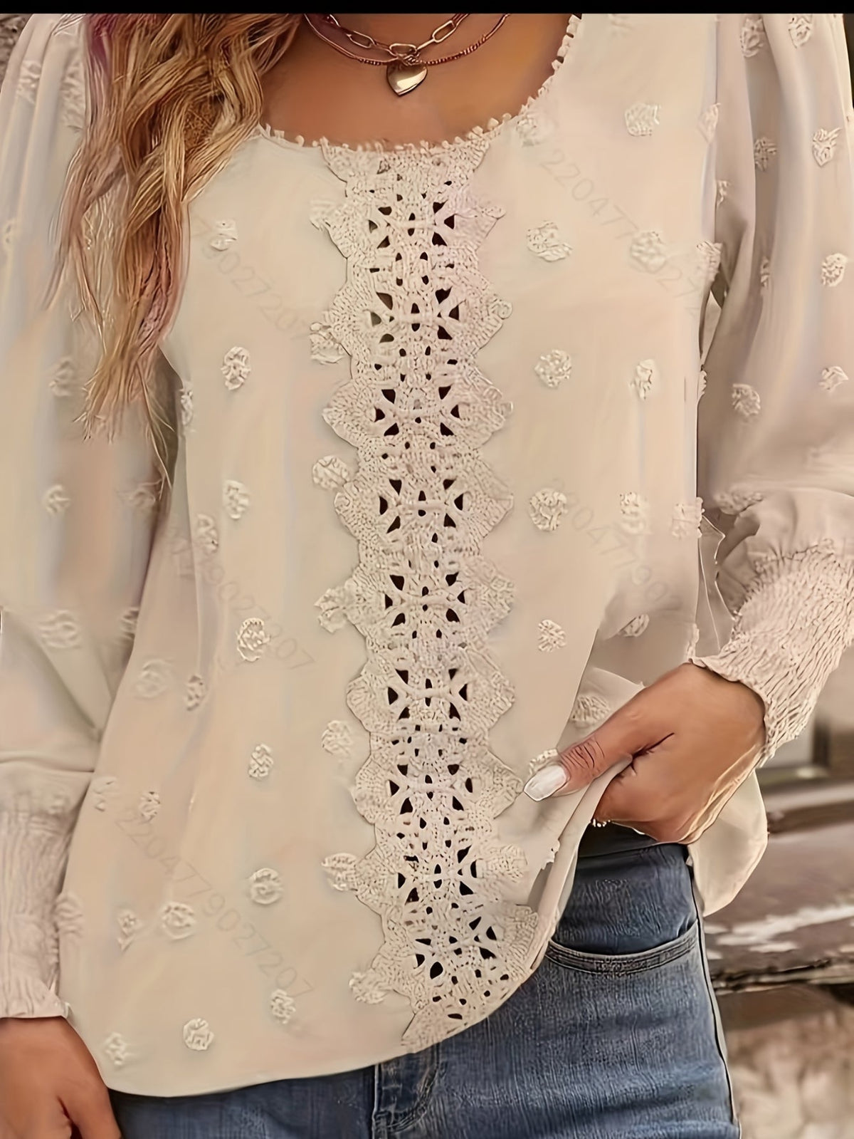Swiss Dot Crew Neck Blouse, Elegant Long Sleeve Top