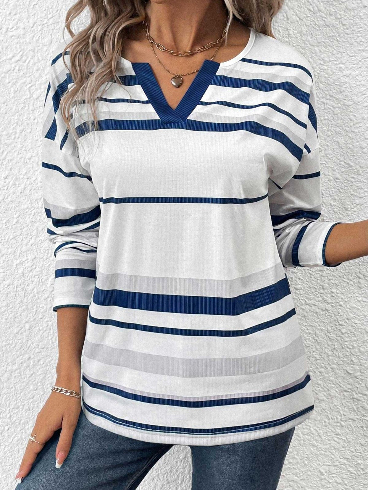 White Patchwork Striped Long Sleeve Split Neck T Shirt