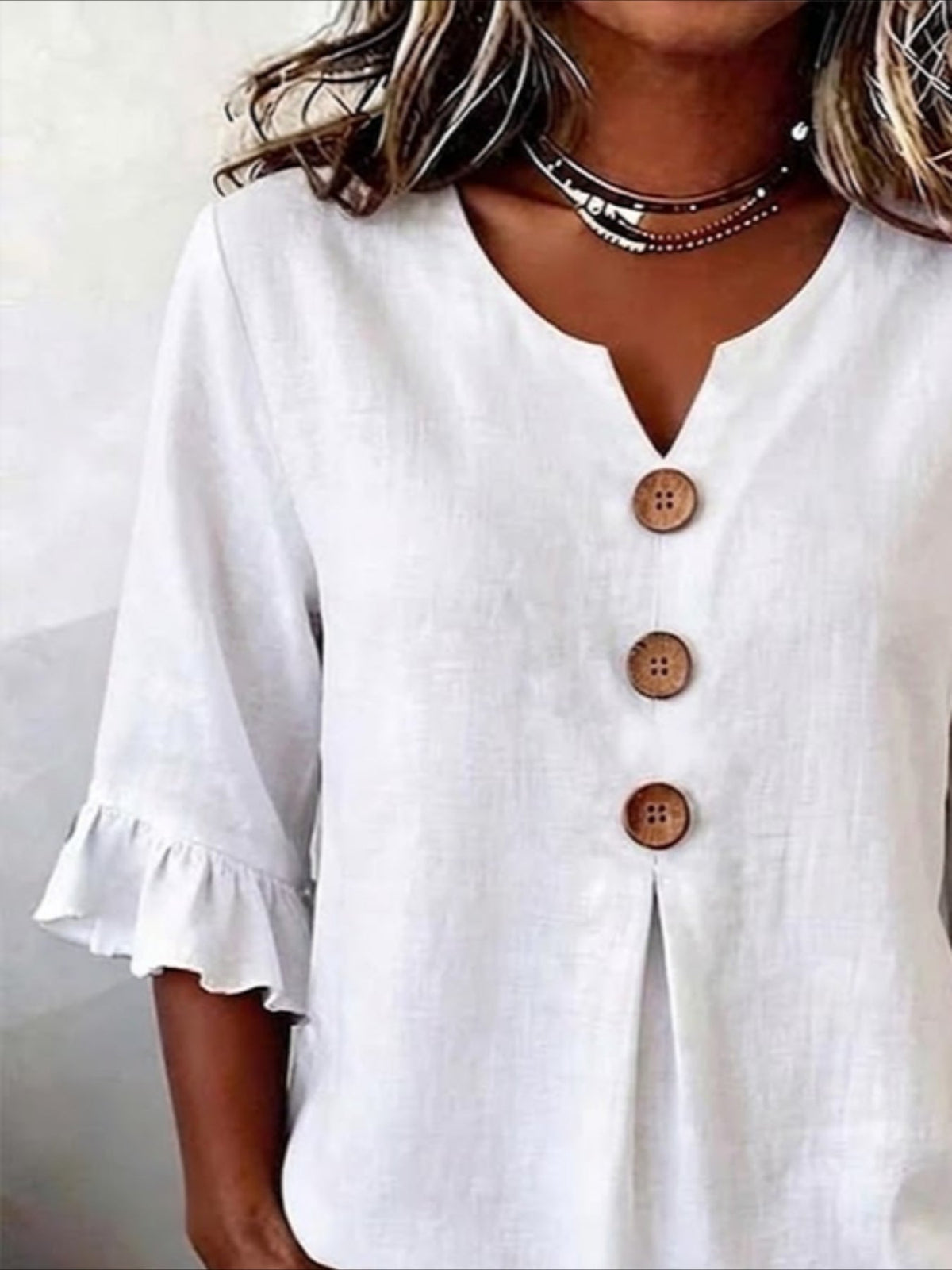 Solid Color Floral V Neck Button Short Ruffle Sleeve Casual Top