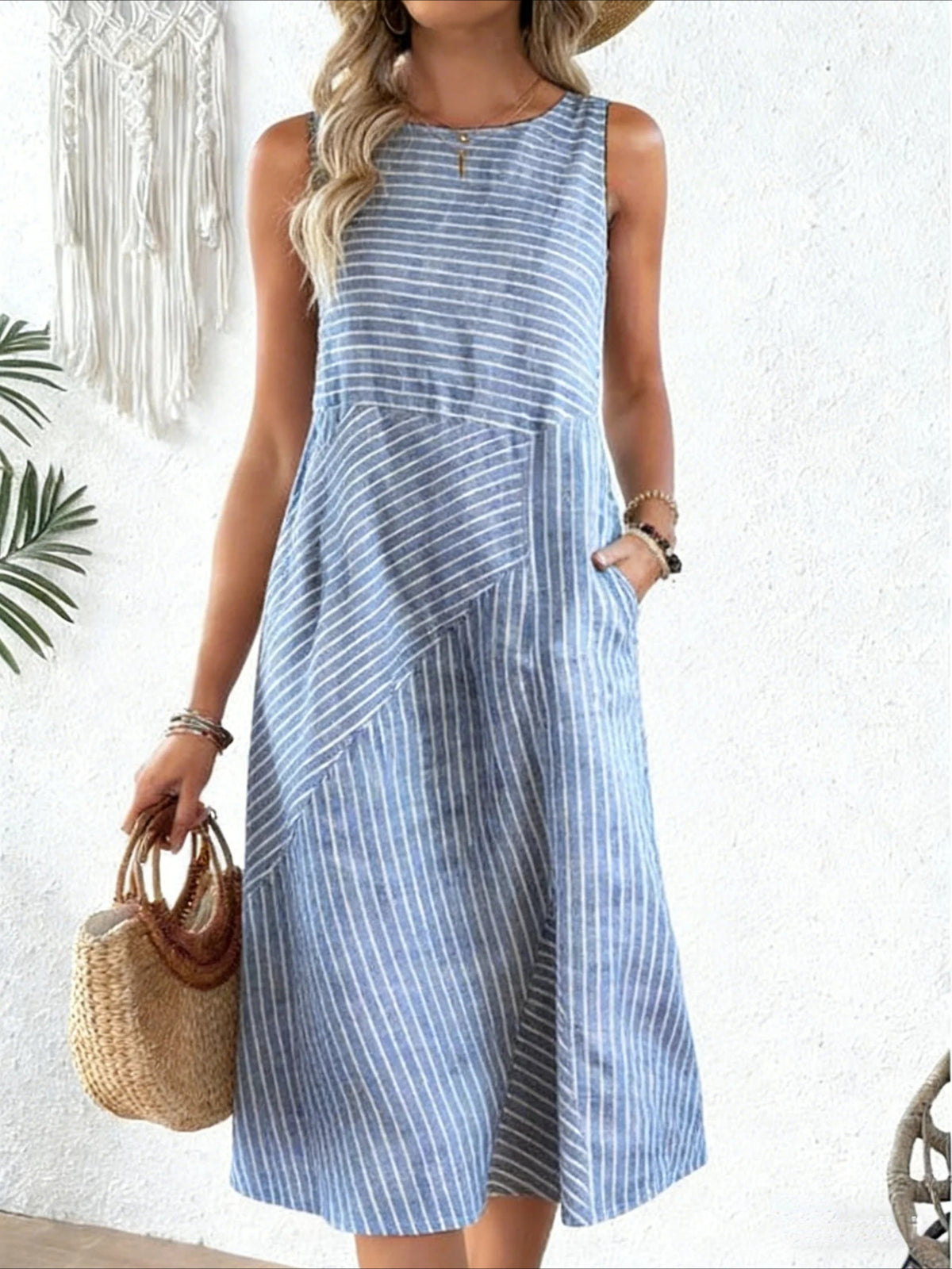 Striped Crew Neck Sleeveless Tank A-Line Dress