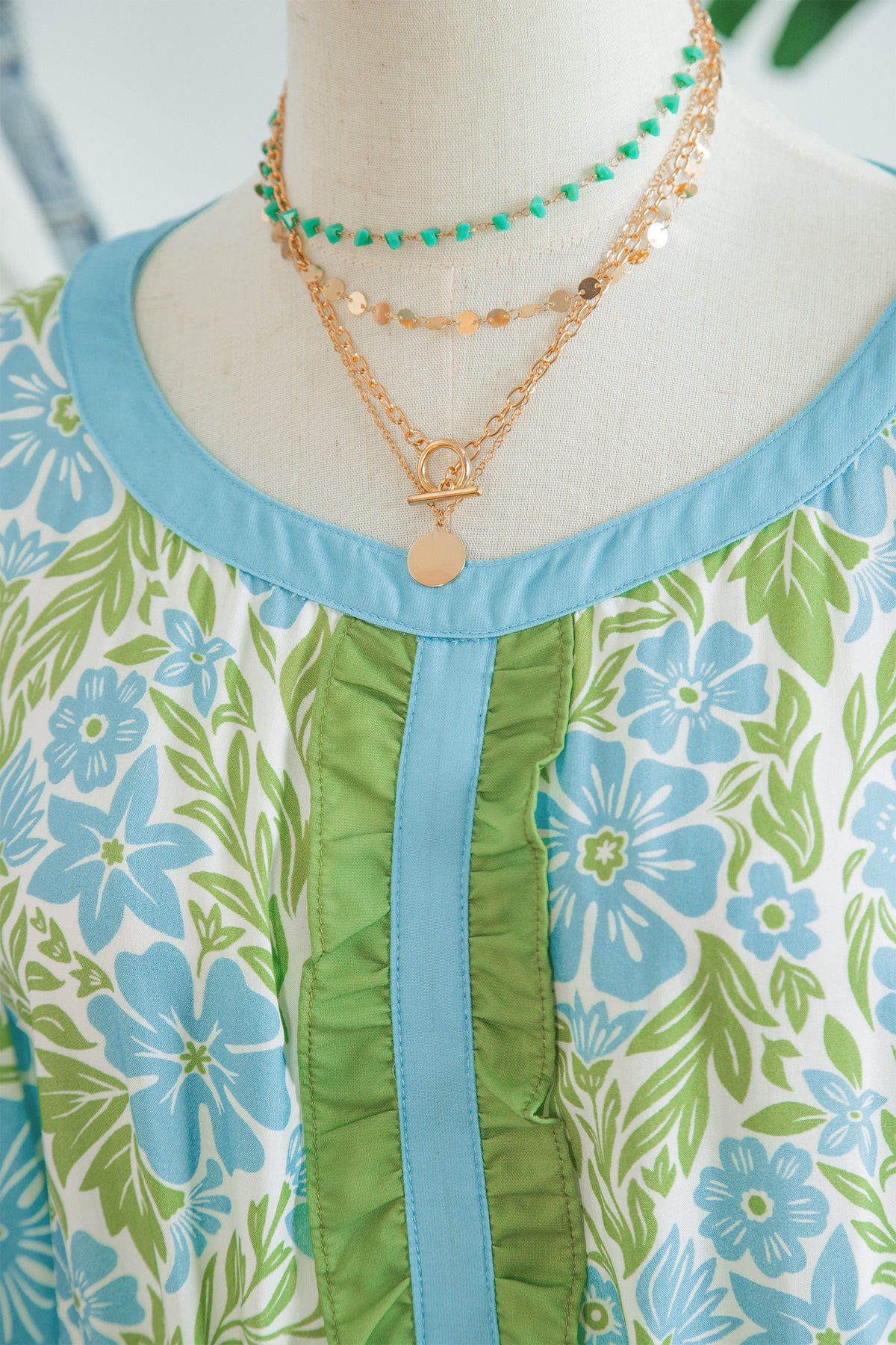 Sky Blue Floral Print High Waist Ruffle Short Sleeve Mini Dress