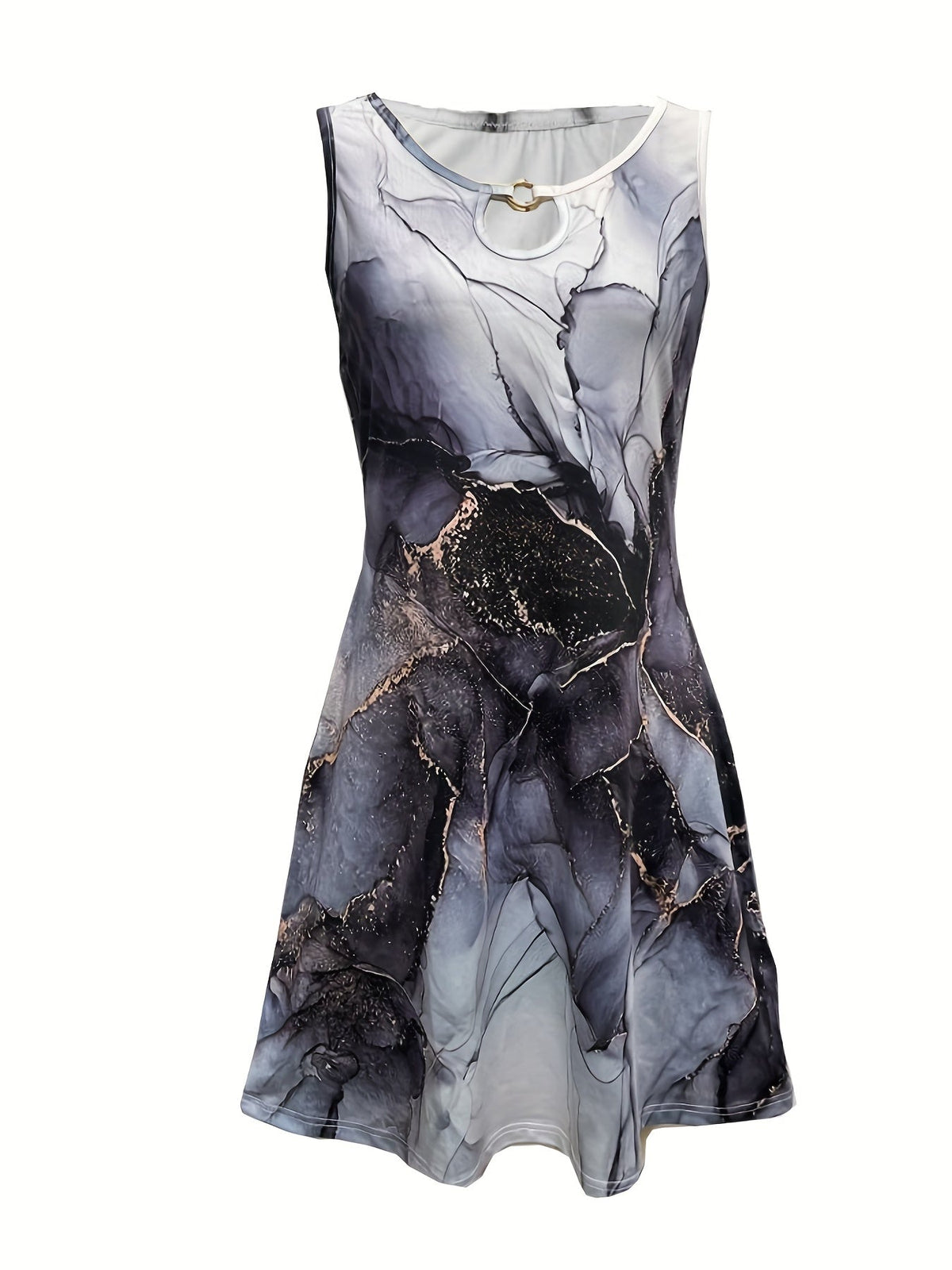 Marble Print Keyhole Dress, Casual Crew Neck Sleeveless Summer Dress