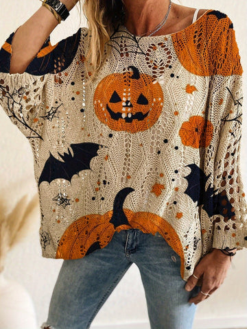 Halloween Theme Off-Shoulder V-Neck Bat & Pumpkin Print Long Sleeve Top
