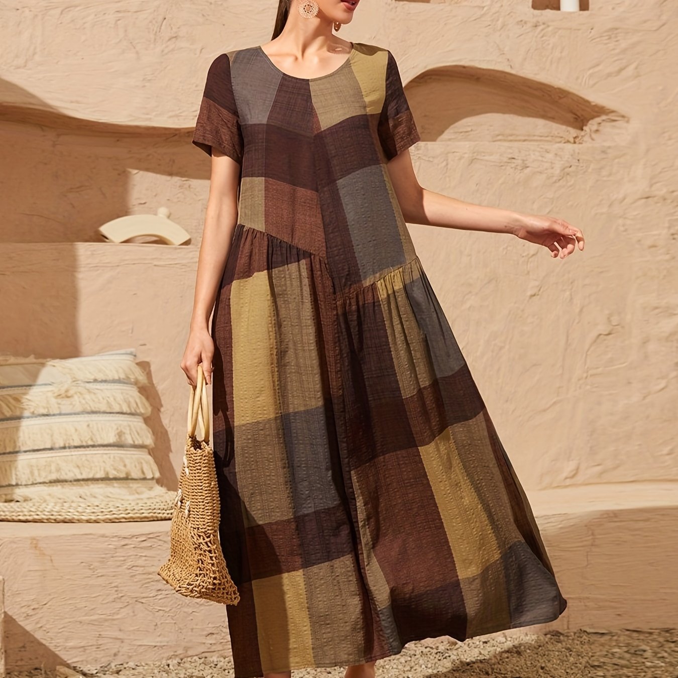 Loose Color Block Dress, Crew Neck Short Sleeve Vacation Dress, Casual Every Day Dress