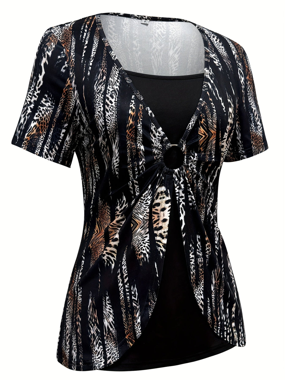 Maroon & Black Stretchy Polyester Blend Print Square Neck Short Sleeve T-Shirt