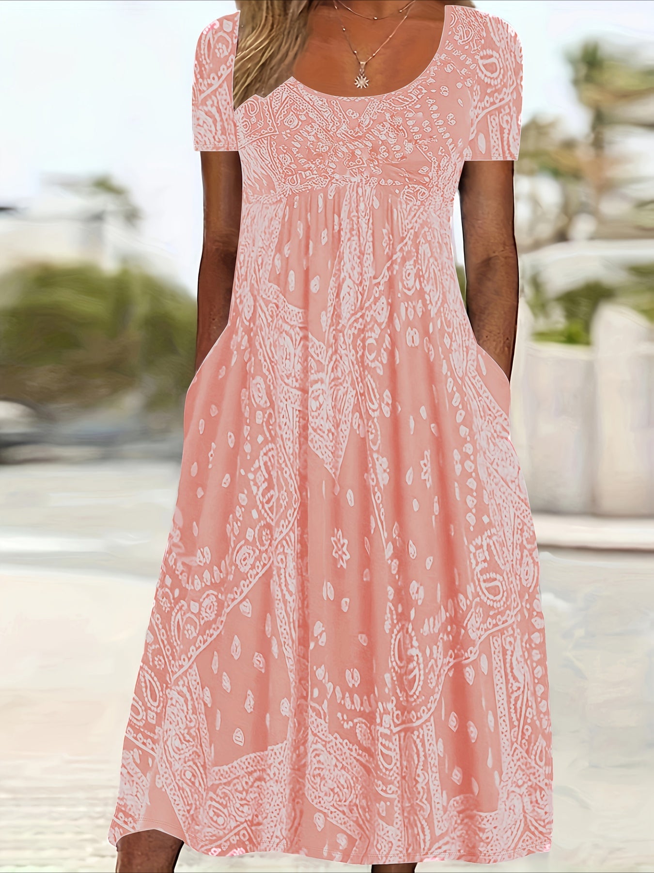 Print A-Line Short Sleeve Round Neck Dress with Pockets