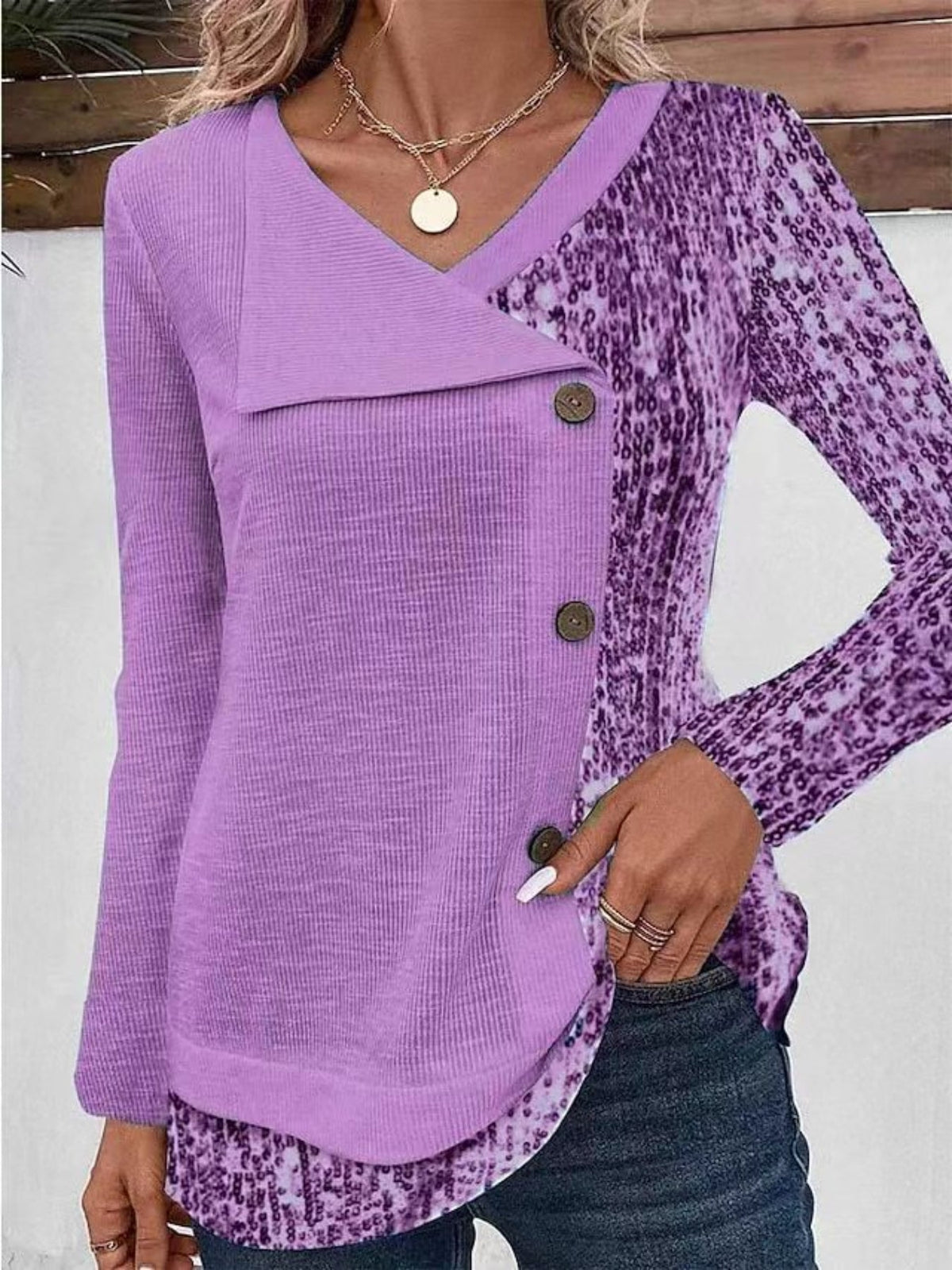 Sequined Button Decor V-neck Splicing T-Shirt, Casual Long Sleeve T-Shirt