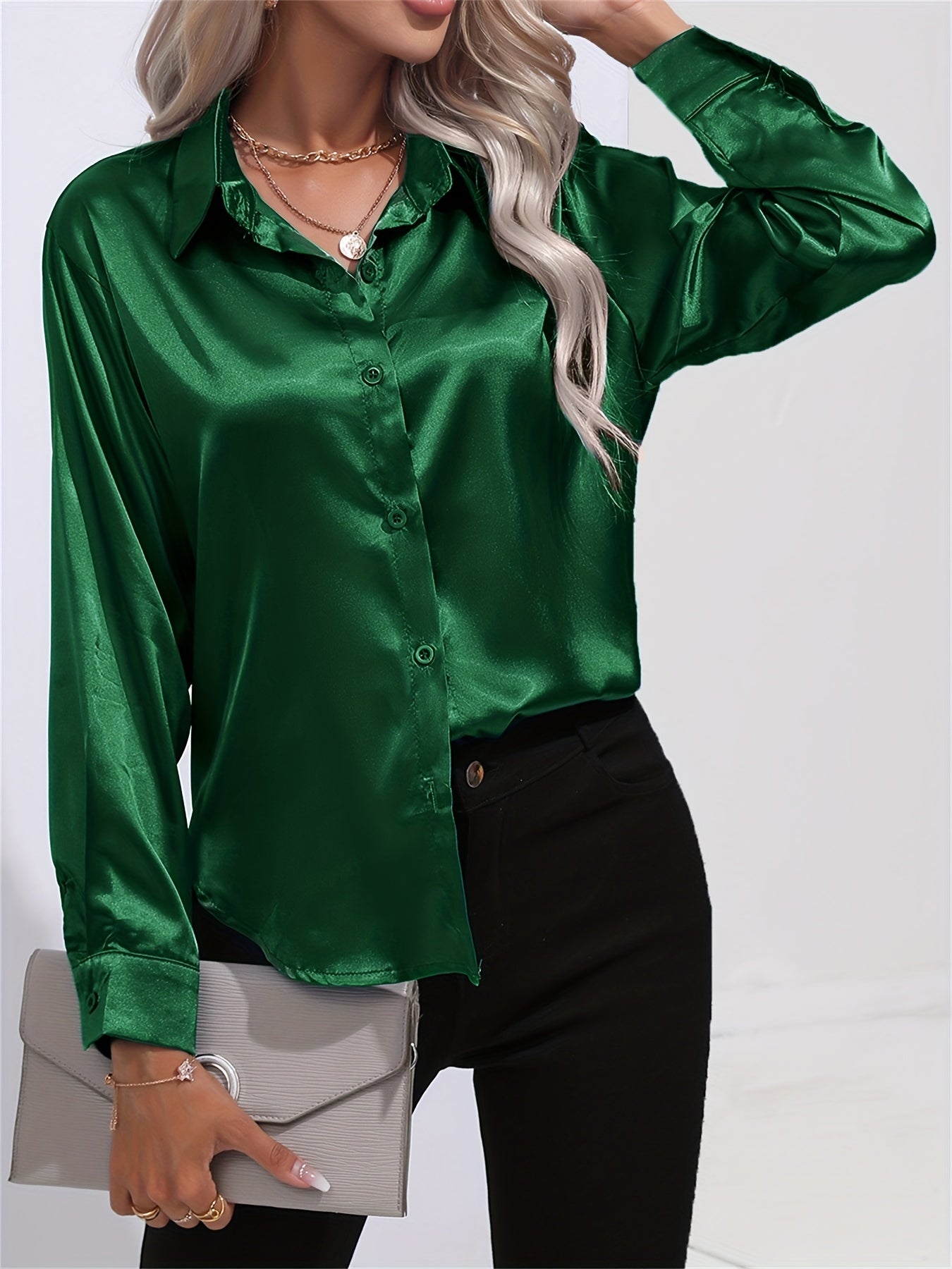 Lapel-collar Satin-satin-faux Silk Long-sleeved Shirt