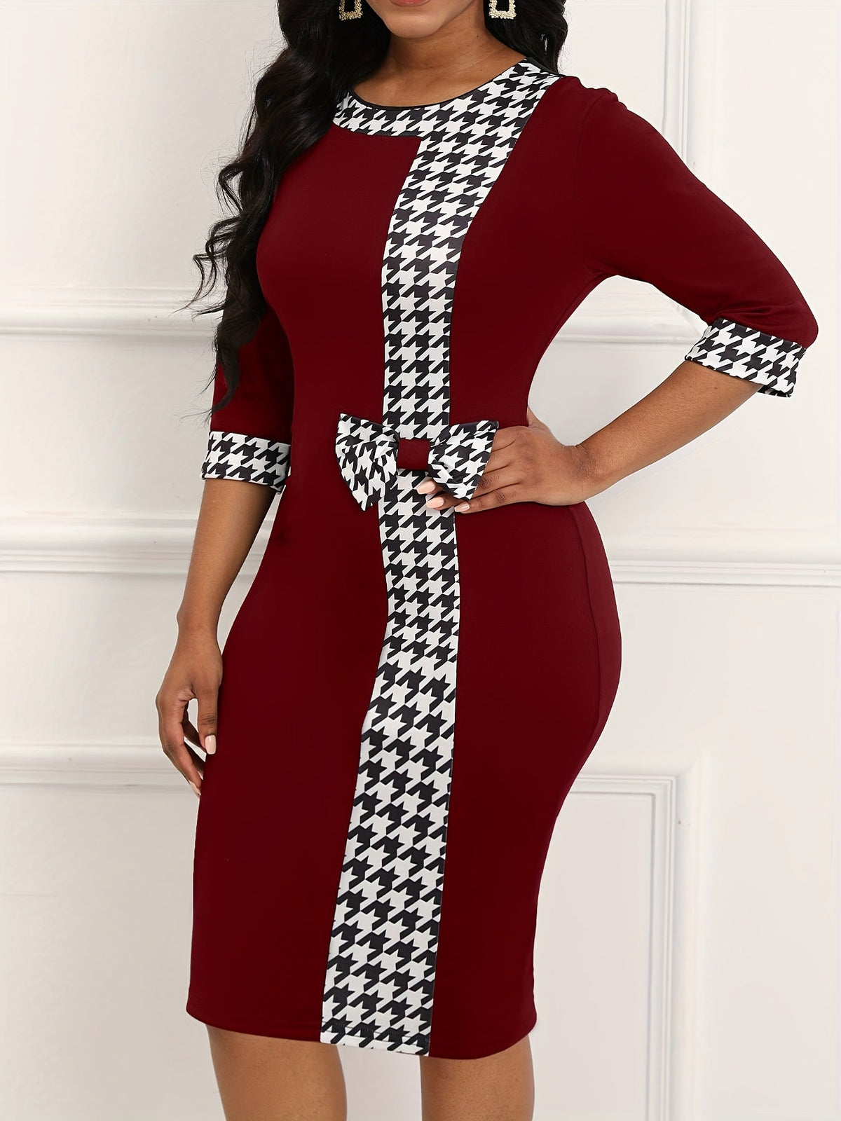 Houndstooth Bodycon Dress, Elegant Crew Neck Long Sleeve Dress