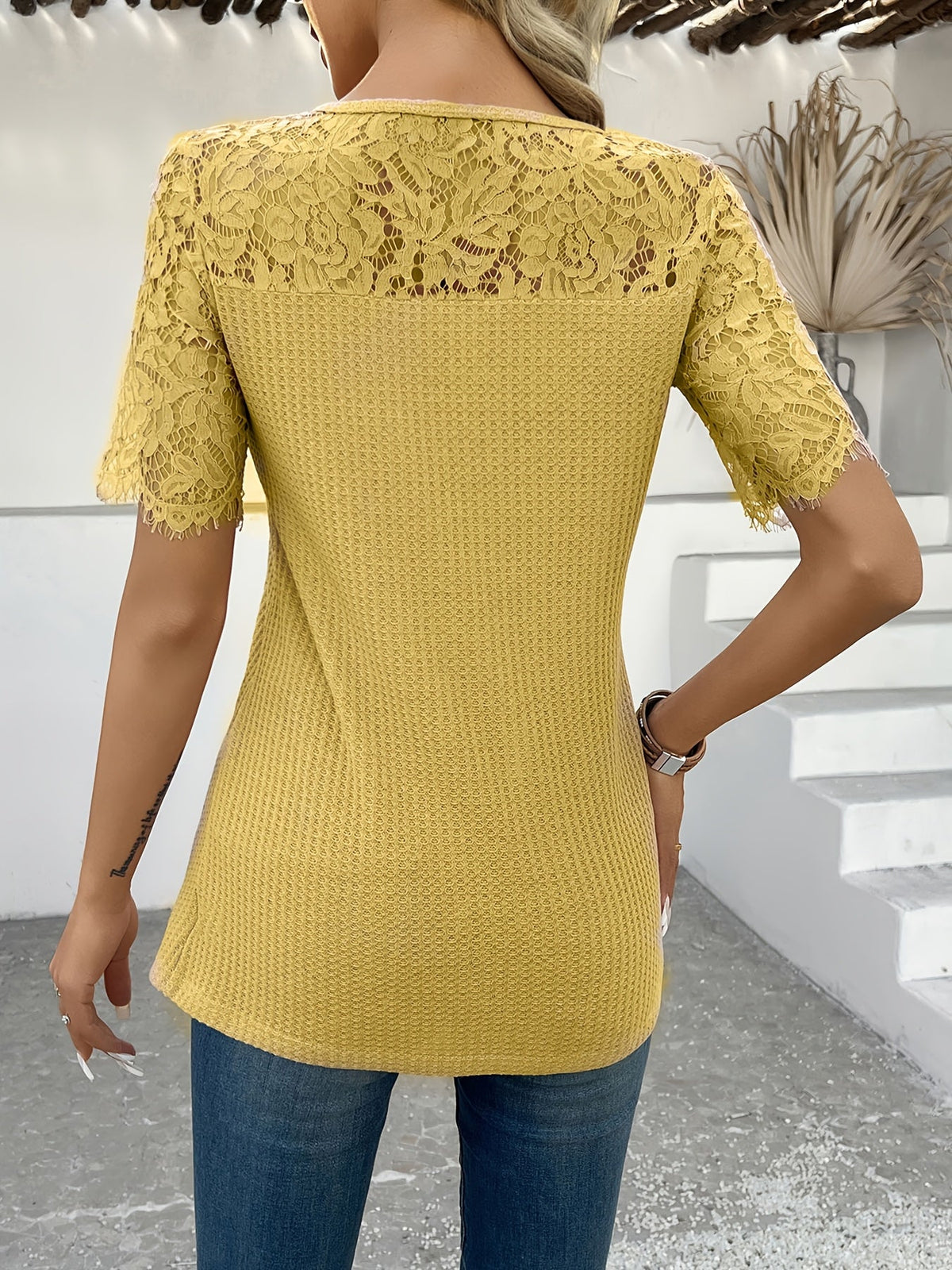 Contrast Lace Embroidery Solid Color Short Sleeve Elegant Casual Beach Vacation T-Shirt