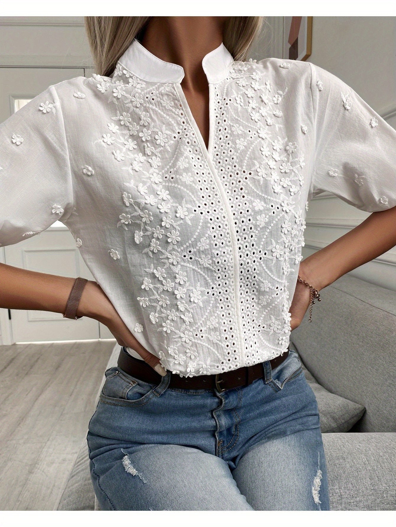 V-Neck Stand-Up Collar, Hollowed Out Breathable Design Five-Quarter Sleeve 3D Embroidered Lace Top Shirt
