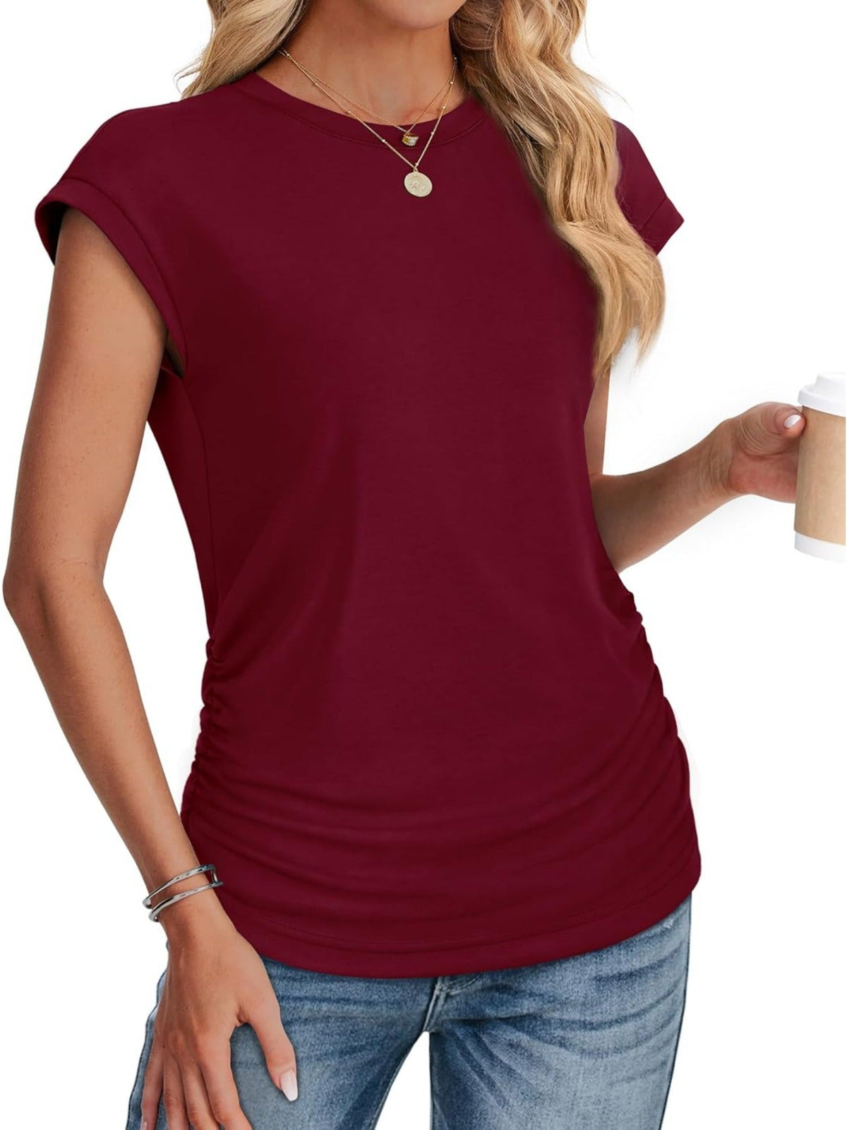 Solid Color Crew Neck Ruched Cap Short Sleeve T Shirts