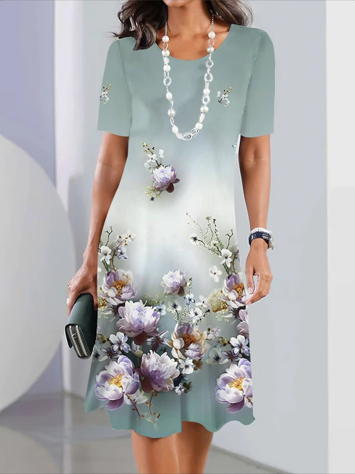 Print Crew Neck Casual Short Sleeve Dress