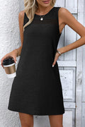 Black Solid Color Textured Lace Hollowed Detail Sleeveless Mini Dress