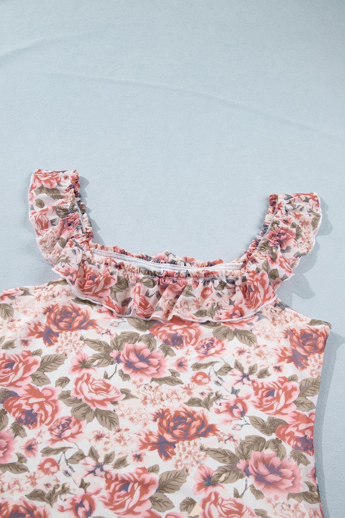 Multicolour Retro Floral Ruffle Trim Square Neck Tank Top