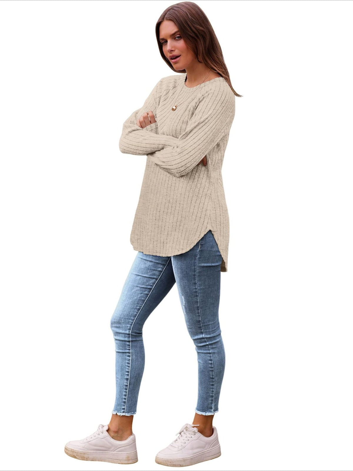 Soft Round Neck Pullover Long Sleeve Sweater