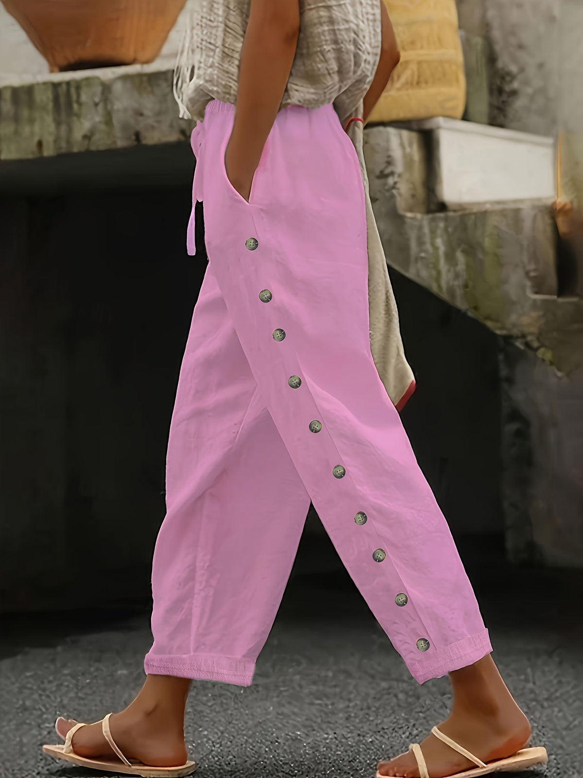 Women'S Elegant Casual Blue Straight-Leg Pants with Pearl Embellishments