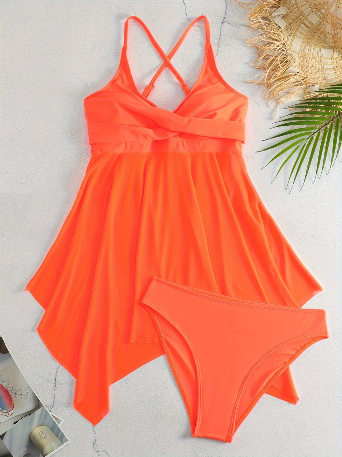 Plain Mesh Contrast Criss Cross Skirted 2 Piece Set Bikini, Scoop Neck Spaghetti Strap Twist Solid Color Swimsuit For Beach Pool Bathing