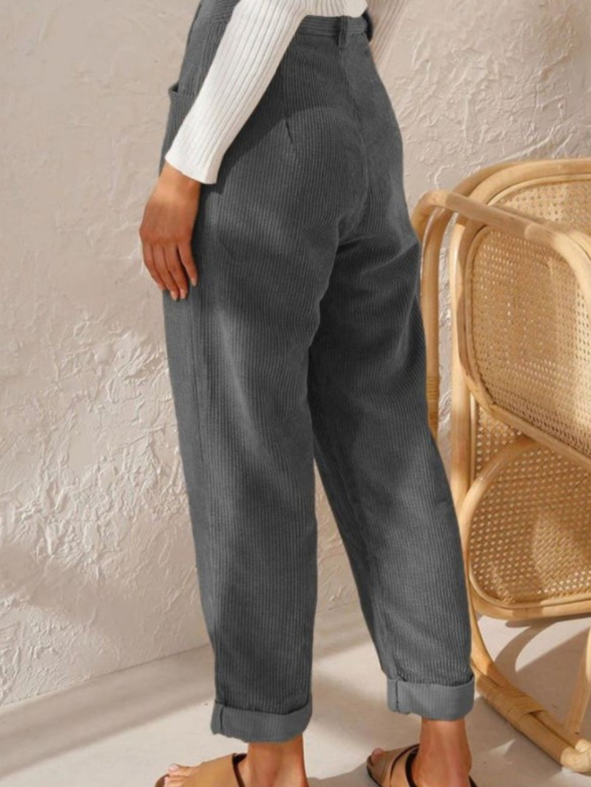 Women's High-Waist Corduroy Pants - Casual Solid Color, Loose Fit Straight Leg with Pockets